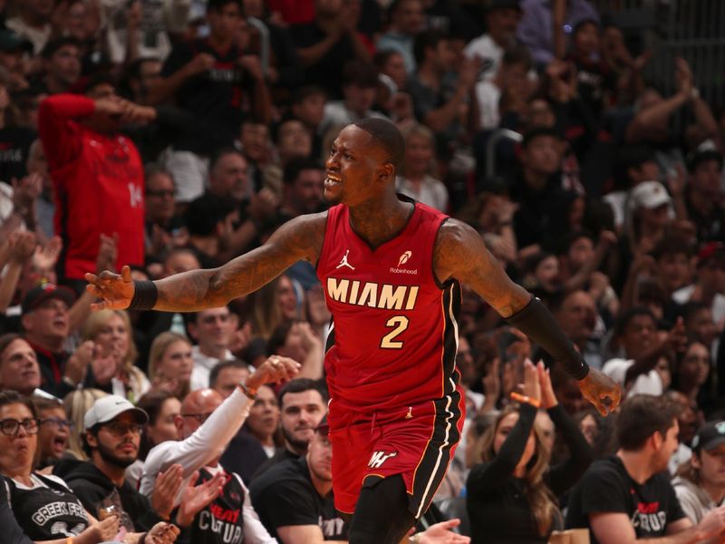 MIAMI, FL - NOVEMBER 26: Terry Rozier #2 of the Miami Heat celebrates during the game against the Milwaukee Bucks during the Emirates NBA Cup game on November 26, 2024 at Kaseya Center in Miami, Florida. NOTE TO USER: User expressly acknowledges and agrees that, by downloading and or using this Photograph, user is consenting to the terms and conditions of the Getty Images License Agreement. Mandatory Copyright Notice: Copyright 2024 NBAE (Photo by Issac Baldizon/NBAE via Getty Images)