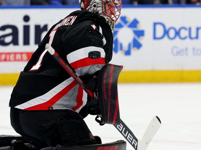 Mar 2, 2024; Buffalo, New York, USA;  Buffalo Sabres goaltender Ukko-Pekka Luukkonen (1) makes a blocker save during the first period against the Vegas Golden Knights at KeyBank Center. Mandatory Credit: Timothy T. Ludwig-USA TODAY Sports