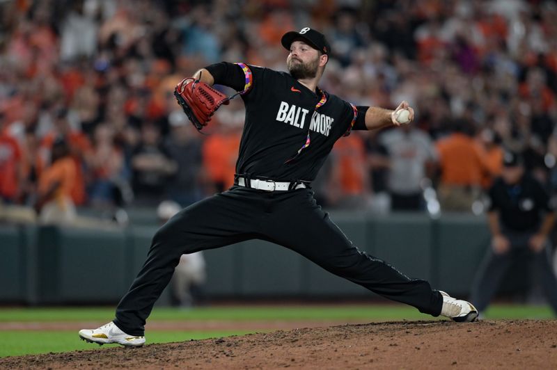 Aug 25, 2023; Baltimore, Maryland, USA;  Baltimore Orioles relief pitcher Danny Coulombe (54) throws a ninth inning pitch Colorado Rockies at Oriole Park at Camden Yards. Mandatory Credit: Tommy Gilligan-USA TODAY Sports