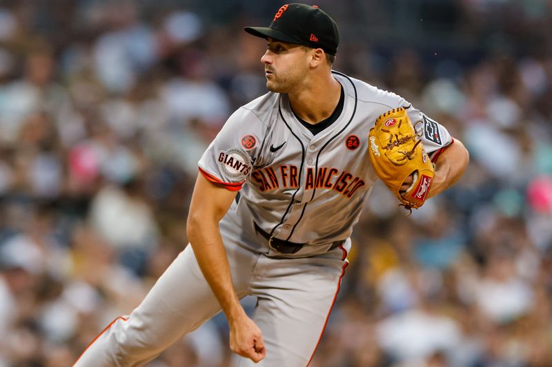 Sep 6, 2024; San Diego, California, USA; San Francisco Giants starting pitcher Mason Black (47) throws a pitch during the first inning against the San Diego Padres at Petco Park. Mandatory Credit: David Frerker-Imagn Images