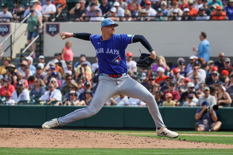 Mar 1, 2026; Lakeland, Florida, USA; Toronto Blue Jays pitcher Tommy Nance (45) throws during the third inning against the Detroit Tigers at Publix Field at Joker Marchant Stadium. Mandatory Credit: Mike Watters-Imagn Images