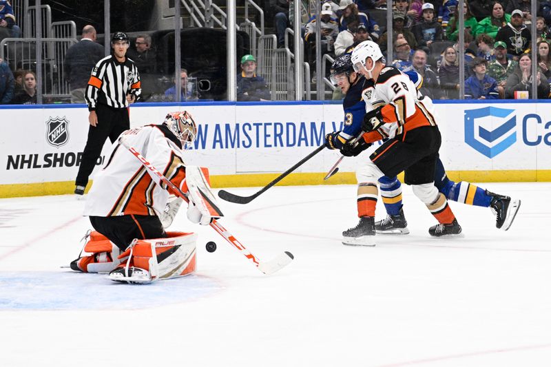 Mar 17, 2024; St. Louis, Missouri, USA; Anaheim Ducks goaltender Lukas Dostal (1) makes a save against the St. Louis Blues during the second period at Enterprise Center. Mandatory Credit: Jeff Le-USA TODAY Sports