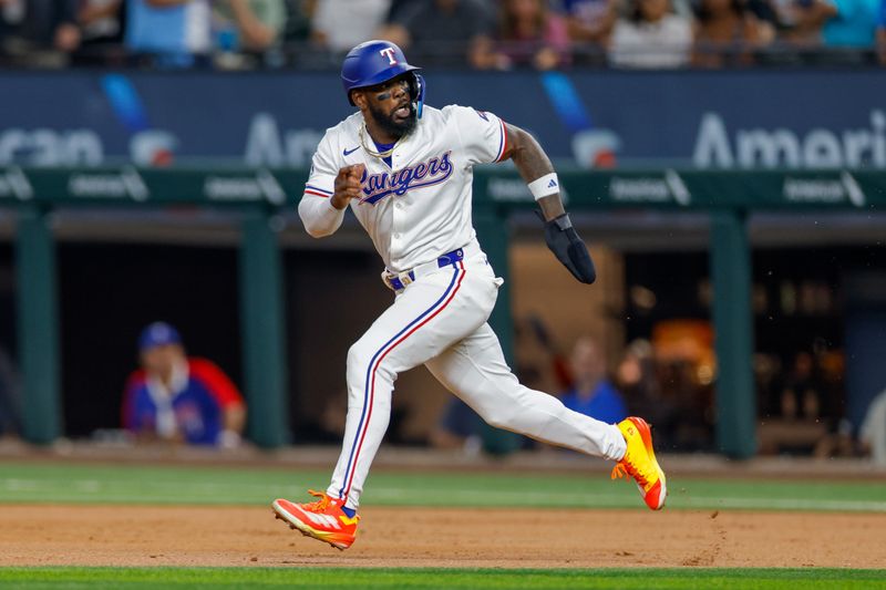 Sep 4, 2024; Arlington, Texas, USA; Texas Rangers outfielder Adolis García (53) runs towards second base during the first inning against the New York Yankees at Globe Life Field. Mandatory Credit: Andrew Dieb-Imagn Images