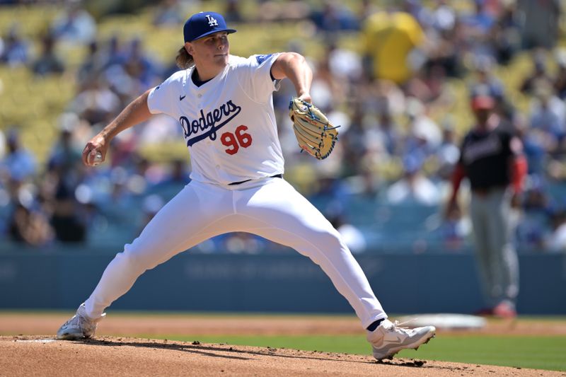 Apr 17, 2024; Los Angeles, California, USA;  Los Angeles Dodgers pitcher Landon Knack (96) throws to the plate in the first inning against the Washington Nationals at Dodger Stadium. Mandatory Credit: Jayne Kamin-Oncea-USA TODAY Sports