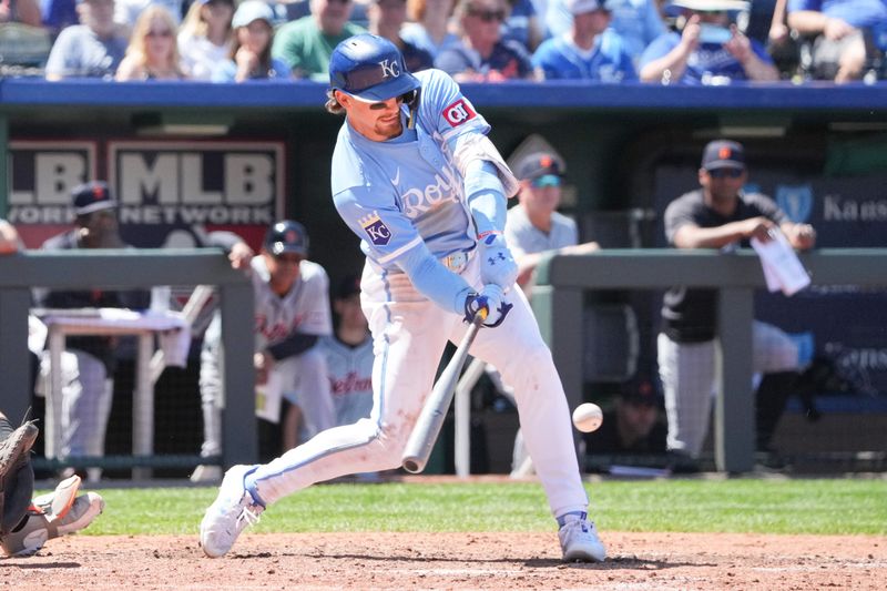 May 22, 2024; Kansas City, Missouri, USA; Kansas City Royals shortstop Bobby Witt Jr. (7) hits a two run double against the Detroit Tigers in the seventh inning at Kauffman Stadium. Mandatory Credit: Denny Medley-USA TODAY Sports