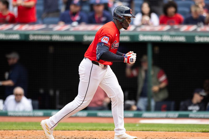 Apr 14, 2024; Cleveland, Ohio, USA; Cleveland Guardians pinch hitter Estevan Florial (90) celebrates his solo home run during the eighth inning against the New York Yankees at Progressive Field. Mandatory Credit: Scott Galvin-USA TODAY Sports