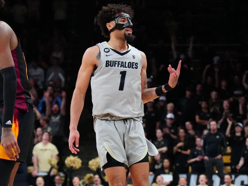 Feb 8, 2024; Boulder, Colorado, USA; Colorado Buffaloes guard J'Vonne Hadley (1) reacts to his three point basket in the second half against the Arizona State Sun Devils at the CU Events Center. Mandatory Credit: Ron Chenoy-USA TODAY Sports