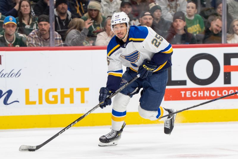 Mar 15, 2025; Saint Paul, Minnesota, USA; St. Louis Blues center Jordan Kyrou (25) gets a breakaway and will score on a wrap-around behind the Minnesota Wild net in the third period at Xcel Energy Center. Mandatory Credit: Matt Blewett-Imagn Images