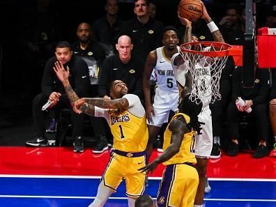 LAS VEGAS, NEVADA - DECEMBER 7: D'Angelo Russell (1), Taurean Prince (12) of Los Angeles Lakers and Brandon Ingram (14), Herbert Jones (5) of New Orleans Pelicans in action during NBA In-Season Tournament Semifinals game between Los Angeles Lakers and New Orleans Pelicans at the T-Mobile Arena in Las Vegas, Nevada, United States on December 7, 2023. (Photo by Tayfun Coskun/Anadolu via Getty Images)