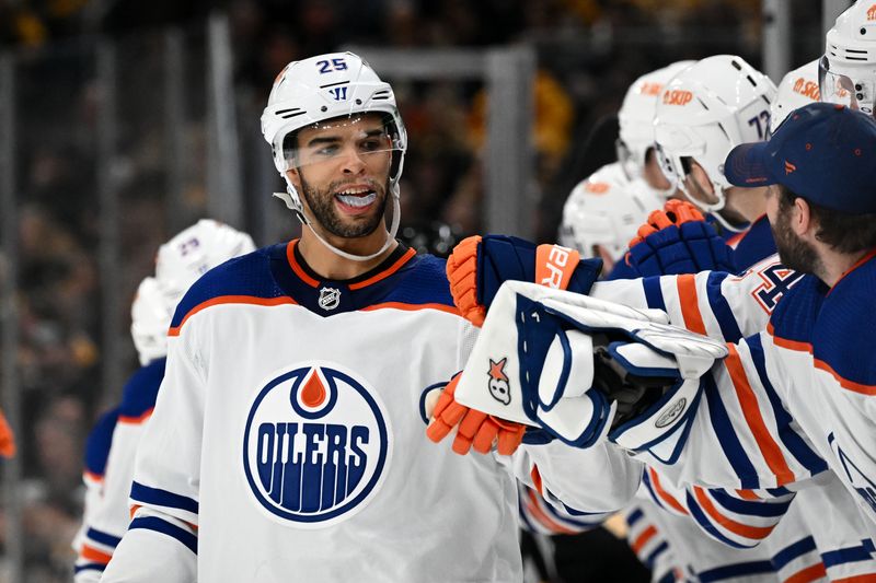 Mar 9, 2023; Boston, Massachusetts, USA; Edmonton Oilers defenseman Darnell Nurse (25) celebrates after scoring against the Boston Bruins during the third period at the TD Garden. Mandatory Credit: Brian Fluharty-USA TODAY Sports