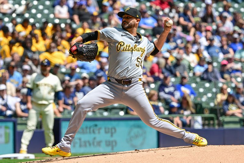 May 15, 2024; Milwaukee, Wisconsin, USA; Pittsburgh Pirates pitcher Martin Perez (54) throws a pitch in the first inning against the Milwaukee Brewers at American Family Field. Mandatory Credit: Benny Sieu-USA TODAY Sports