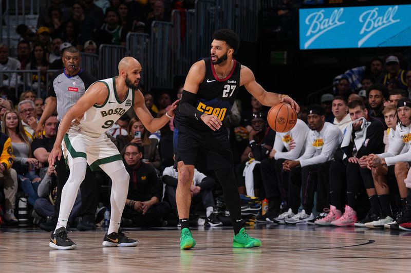 DENVER, CO - MARCH 7: Jamal Murray #27 of the Denver Nuggets dribbles the ball during the game against the Boston Celtics on March 7, 2024 at the Ball Arena in Denver, Colorado. NOTE TO USER: User expressly acknowledges and agrees that, by downloading and/or using this Photograph, user is consenting to the terms and conditions of the Getty Images License Agreement. Mandatory Copyright Notice: Copyright 2024 NBAE (Photo by Bart Young/NBAE via Getty Images)