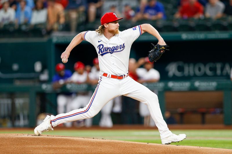 Jun 7, 2023; Arlington, Texas, USA; Texas Rangers starting pitcher Jon Gray (22) throws during the first inning against the St. Louis Cardinals at Globe Life Field. Mandatory Credit: Andrew Dieb-USA TODAY Sports