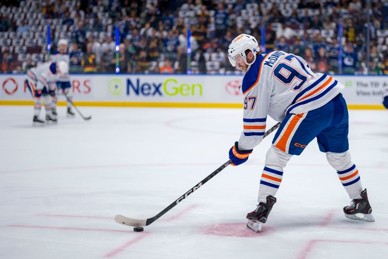 May 8, 2024; Vancouver, British Columbia, CAN;  Edmonton Oilers forward Connor McDavid (97) handles the puck in warm up prior to game one of the second round of the 2024 Stanley Cup Playoffs against the Vancouver Canucks at Rogers Arena. Mandatory Credit: Bob Frid-USA TODAY Sports