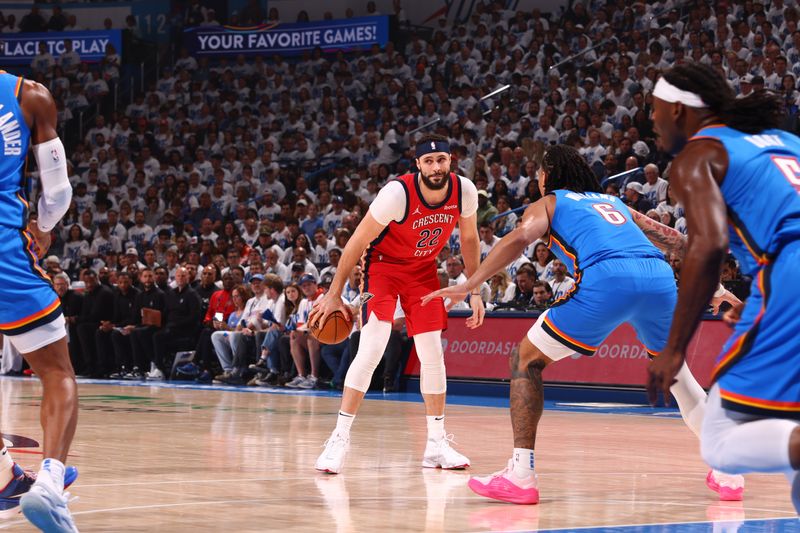 OKLAHOMA CITY, OK - APRIL 24: Larry Nance Jr. #22 of the New Orleans Pelicans dribbles the ball during the game against the Oklahoma City Thunder during Round 1 Game 2 of the 2024 NBA Playoffs on April 24, 2024 at Paycom Arena in Oklahoma City, Oklahoma. NOTE TO USER: User expressly acknowledges and agrees that, by downloading and or using this photograph, User is consenting to the terms and conditions of the Getty Images License Agreement. Mandatory Copyright Notice: Copyright 2024 NBAE (Photo by Zach Beeker/NBAE via Getty Images)