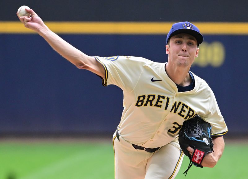 Jun 25, 2025; Milwaukee, Wisconsin, USA;  Milwaukee Brewers starting pitcher Jacob Misiorowski (32) throws a pitch in the fifth inning against the Pittsburgh Pirates at American Family Field. Mandatory Credit: Benny Sieu-Imagn Images