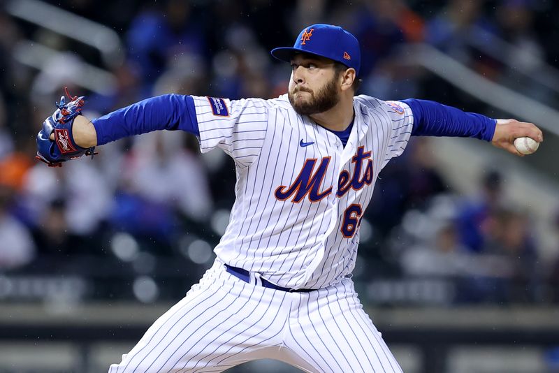 Sep 28, 2023; New York City, New York, USA; New York Mets relief pitcher Anthony Kay (64) pitches against the Miami Marlins during the ninth inning at Citi Field. Mandatory Credit: Brad Penner-USA TODAY Sports