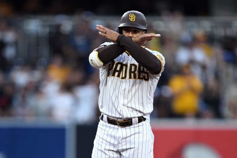 Jun 15, 2023; San Diego, California, USA; San Diego Padres center fielder Trent Grisham (1) celebrates after hitting an RBI double during the fifth inning against the Cleveland Guardians at Petco Park. Mandatory Credit: Orlando Ramirez-USA TODAY Sports