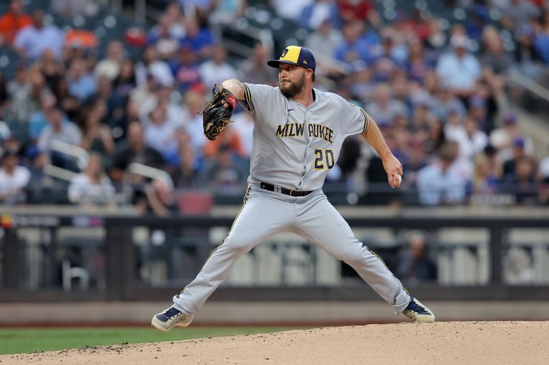 Jun 28, 2023; New York City, New York, USA; Milwaukee Brewers starting pitcher Wade Miley (20) pitches against the New York Mets during the second inning at Citi Field. Mandatory Credit: Brad Penner-USA TODAY Sports