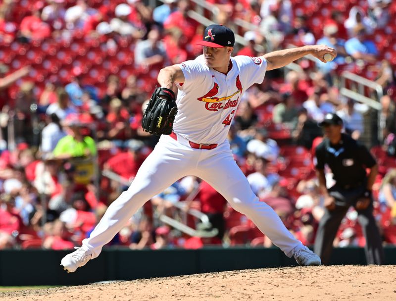 Jun 9, 2024; St. Louis, Missouri, USA; St. Louis Cardinals pitcher John King (47) throws in relief in the seventh inning at Busch Stadium. Mandatory Credit: Tim Vizer-USA TODAY Sports