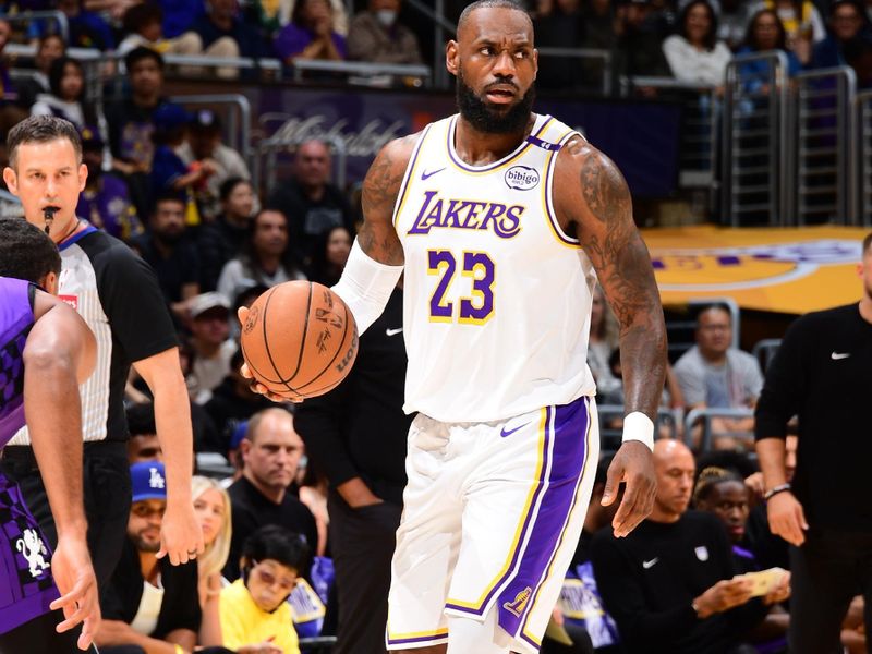 LOS ANGELES, CA - OCTOBER 26: LeBron James #23 of the Los Angeles Lakers dribbles the ball during the game against the Sacramento Kings on October 26, 2024 at Crypto.Com Arena in Los Angeles, California. NOTE TO USER: User expressly acknowledges and agrees that, by downloading and/or using this Photograph, user is consenting to the terms and conditions of the Getty Images License Agreement. Mandatory Copyright Notice: Copyright 2024 NBAE (Photo by Adam Pantozzi/NBAE via Getty Images)