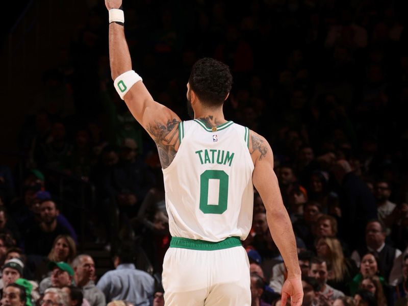 NEW YORK, NY - FEBRUARY 27: Jayson Tatum #0 of the Boston Celtics looks on during the game against the New York Knicks on February 27, 2023 at Madison Square Garden in New York City, New York.  NOTE TO USER: User expressly acknowledges and agrees that, by downloading and or using this photograph, User is consenting to the terms and conditions of the Getty Images License Agreement. Mandatory Copyright Notice: Copyright 2023 NBAE  (Photo by Nathaniel S. Butler/NBAE via Getty Images)