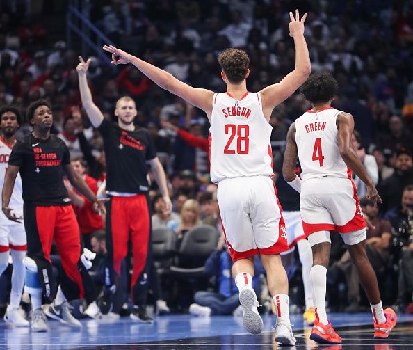 LOS ANGELES, CALIFORNIA - NOVEMBER 17: Alperen Sengun #28 of the Houston Rockets reacts in the second quarter against the Los Angeles Clippers during an NBA In-Season Tournament game at Crypto.com Arena on November 17, 2023 in Los Angeles, California. NOTE TO USER: User expressly acknowledges and agrees that, by downloading and or using this photograph, User is consenting to the terms and conditions of the Getty Images License Agreement. (Photo by Meg Oliphant/Getty Images)