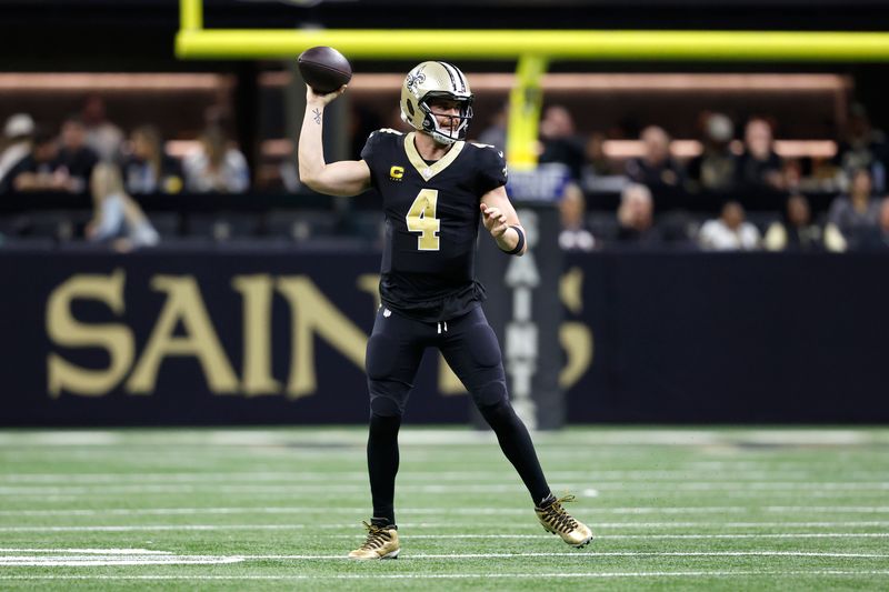 New Orleans Saints quarterback Derek Carr (4) during an NFL football game against the Atlanta Falcons, Sunday, Jan. 7, 2024, in New Orleans. (AP Photo/Tyler Kaufman)