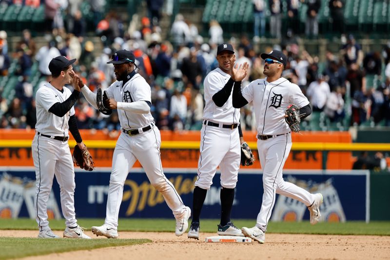 Apr 29, 2023; Detroit, Michigan, USA;  Detroit Tigers celebrate after defeating the Baltimore Orioles at Comerica Park. Mandatory Credit: Rick Osentoski-USA TODAY Sports