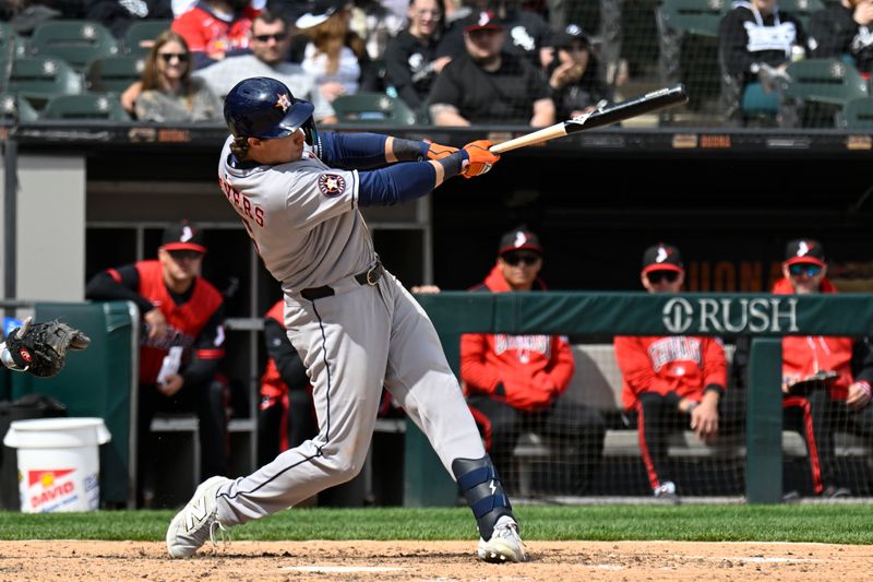 May 3, 2025; Chicago, Illinois, USA;  Houston Astros outfielder Jake Meyers (6) hits a three run home run against the Chicago White Sox during the sixth inning at Rate Field. Mandatory Credit: Matt Marton-Imagn Images