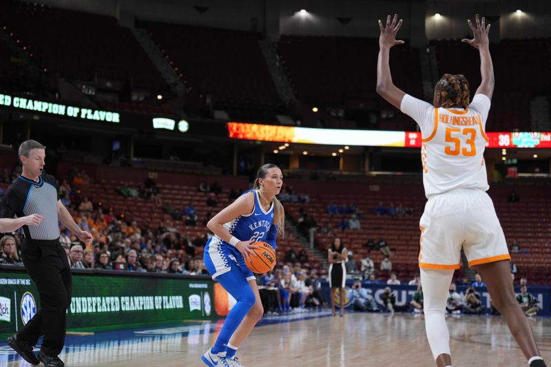 Mar 3, 2023; Greenville, SC, USA;Tennessee Lady Vols forward Jillian Hollingshead (53) guards against Kentucky Wildcats guard Maddie Scherr (22) in the first quarter at Bon Secours Wellness Arena. Mandatory Credit: David Yeazell-USA TODAY Sports