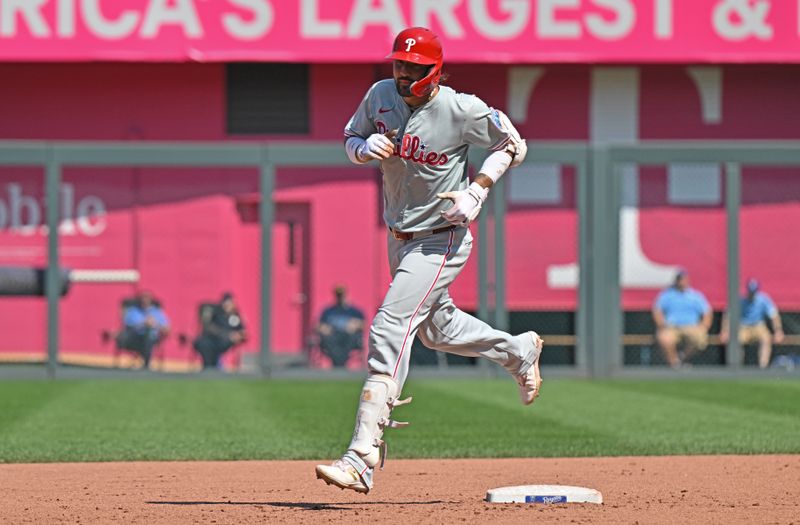 Aug 25, 2024; Kansas City, Missouri, USA;  Philadelphia Phillies right fielder Nick Castellanos (8) rounds second base after hitting a two run home run in the eighth inning against the Kansas City Royals at Kauffman Stadium. Mandatory Credit: Peter Aiken-USA TODAY Sports