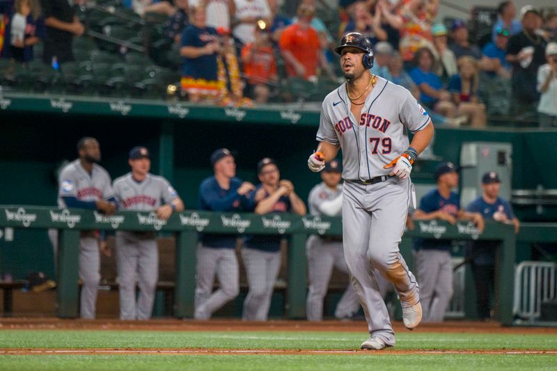 Sep 6, 2023; Arlington, Texas, USA; Houston Astros first baseman Jose Abreu (79) rounds the bases after he hits a three run home run against the Texas Rangers during the ninth inning at Globe Life Field. Mandatory Credit: Jerome Miron-USA TODAY Sports