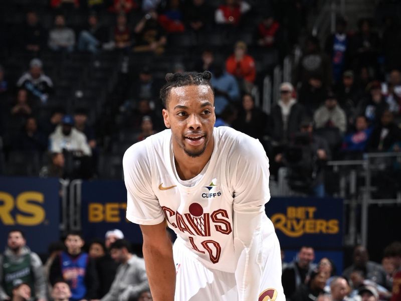 DETROIT, MI - FEBRUARY 5: Darius Garland #10 of the Cleveland Cavaliers looks on during the game against the Detroit Pistons on February 5, 2025 at Little Caesars Arena in Detroit, Michigan. NOTE TO USER: User expressly acknowledges and agrees that, by downloading and/or using this photograph, User is consenting to the terms and conditions of the Getty Images License Agreement. Mandatory Copyright Notice: Copyright 2025 NBAE (Photo by Chris Schwegler/NBAE via Getty Images)