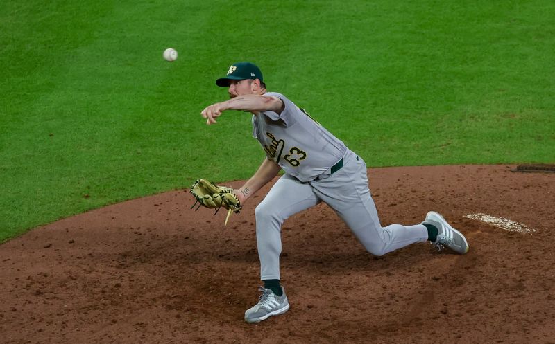 Sep 10, 2024; Houston, Texas, USA;  Oakland Athletics starting pitcher Hogan Harris (63) pitches against the Houston Astros in the 11th inning at Minute Maid Park. Mandatory Credit: Thomas Shea-Imagn Images