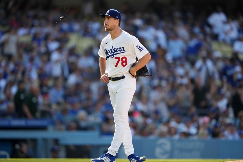 Jun 3, 2023; Los Angeles, California, USA; Los Angeles Dodgers pitcher Michael Grove (78) reacts after surrendering a home run in the fourth inning against the New York Yankees at Dodger Stadium. Mandatory Credit: Kirby Lee-USA TODAY Sports