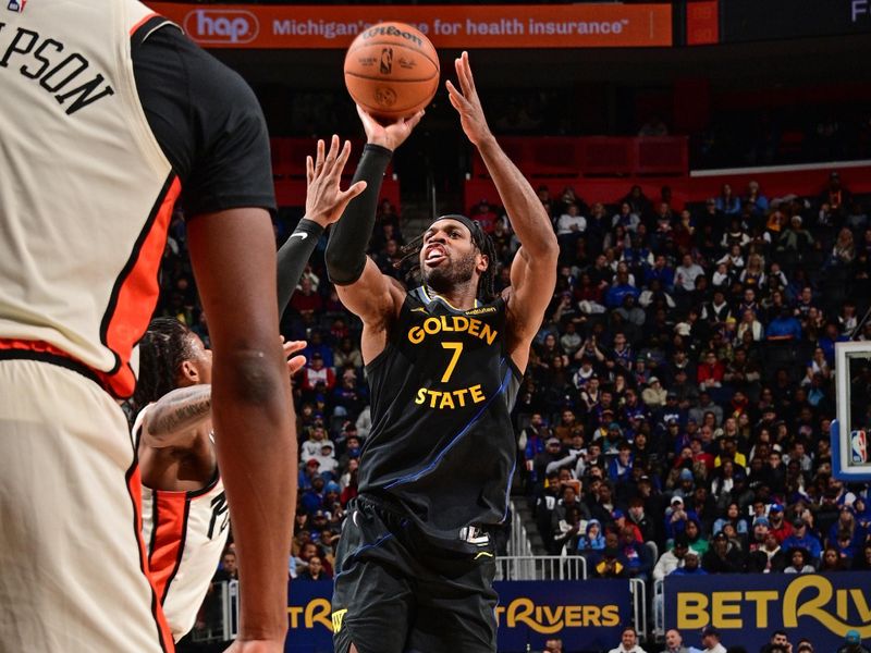 DETROIT, MI - JANUARY 9: Buddy Hield #7 of the Golden State Warriors shoots the ball during the game against the Detroit Pistons on January 9, 2025 at Little Caesars Arena in Detroit, Michigan. NOTE TO USER: User expressly acknowledges and agrees that, by downloading and/or using this photograph, User is consenting to the terms and conditions of the Getty Images License Agreement. Mandatory Copyright Notice: Copyright 2025 NBAE (Photo by Chris Schwegler/NBAE via Getty Images)