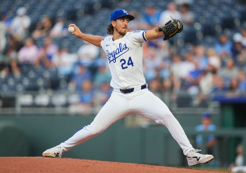 Aug 21, 2024; Kansas City, Missouri, USA; Kansas City Royals starting pitcher Michael Lorenzen (24) pitches during the first inning against the Los Angeles Angels at Kauffman Stadium. Mandatory Credit: Jay Biggerstaff-USA TODAY Sports