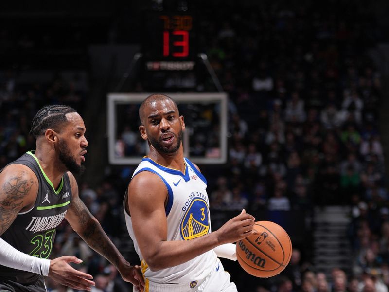 MINNEAPOLIS, MN -  MARCH 24: Chris Paul #3 of the Golden State Warriors dribbles the ball during the game against the Minnesota Timberwolves on March 24, 2024 at Target Center in Minneapolis, Minnesota. NOTE TO USER: User expressly acknowledges and agrees that, by downloading and or using this Photograph, user is consenting to the terms and conditions of the Getty Images License Agreement. Mandatory Copyright Notice: Copyright 2024 NBAE (Photo by Jordan Johnson/NBAE via Getty Images)