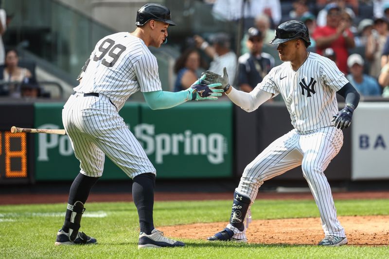 Aug 25, 2024; Bronx, New York, USA;  New York Yankees right fielder Juan Soto (22) celebrates with New York Yankees center fielder Aaron Judge (99) after hitting a solo home run in the seventh inning against the Colorado Rockies at Yankee Stadium. Mandatory Credit: Wendell Cruz-USA TODAY Sports