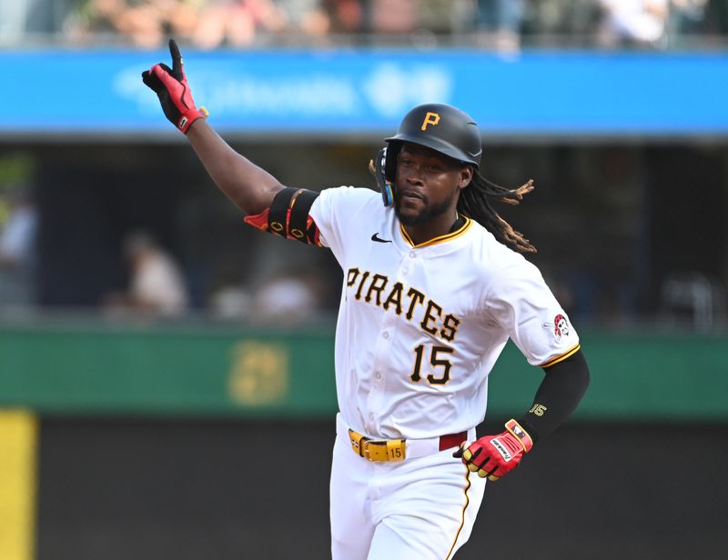 Jul 6, 2024; Pittsburgh, Pennsylvania, USA;  Pittsburgh Pirates Oneil Cruz  (15) rounds the bases after hitting his a fourth-inning home run against the New York Mets at PNC Park. Mandatory Credit: Philip G. Pavely-USA TODAY Sports