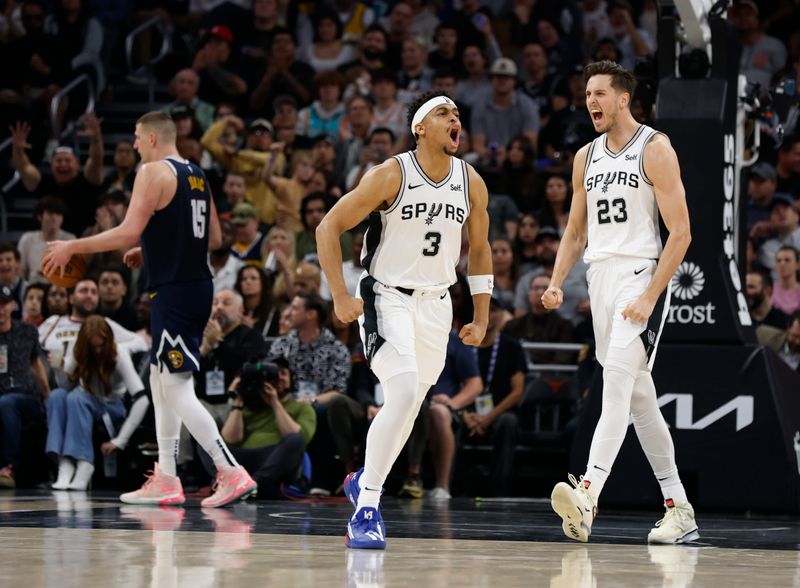 AUSTIN, TX - MARCH 15: Keldon Johnson #3 of the San Antonio Spurs reacts after a basket in the second half against the Denver Nuggets Moody Center on March 15, 2024 in Austin, Texas. NOTE TO USER: User expressly acknowledges and agrees that, by downloading and or using this photograph, User is consenting to terms and conditions of the Getty Images License Agreement. (Photo by Ronald Cortes/Getty Images)