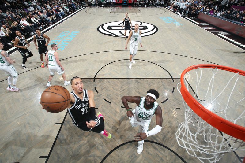 BROOKLYN, NY - MARCH 15: Jalen Wilson #22 of the Brooklyn Nets drives to the basket during the game against the Boston Celtics on March 15, 2025 at Barclays Center in Brooklyn, New York. NOTE TO USER: User expressly acknowledges and agrees that, by downloading and or using this Photograph, user is consenting to the terms and conditions of the Getty Images License Agreement. Mandatory Copyright Notice: Copyright 2025 NBAE (Photo by Nathaniel S. Butler/NBAE via Getty Images)