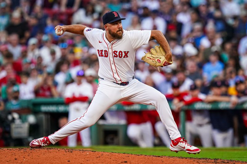 Sep 28, 2025; Boston, Massachusetts, USA; Boston Red Sox pitcher Greg Weissert (57) throws a pitch against the Detroit Tigers in the ninth inning at Fenway Park. Mandatory Credit: David Butler II-Imagn Images