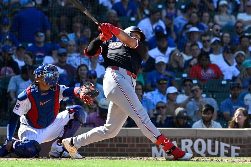 Sep 21, 2024; Chicago, Illinois, USA;  Washington Nationals first baseman Joey Gallo (24) hits a three run home run against the Chicago Cubs during the sixth inning at Wrigley Field. Mandatory Credit: Matt Marton-Imagn Images
