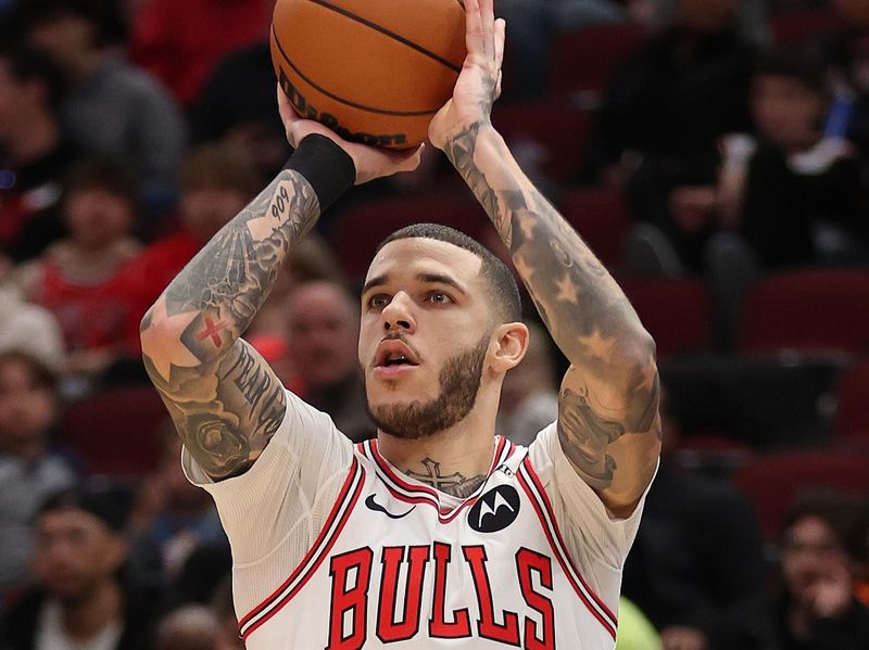 CHICAGO, ILLINOIS - DECEMBER 08: Lonzo Ball #2 of the Chicago Bulls shoots a three pointer against the Philadelphia 76ers during the second half at the United Center on December 08, 2024 in Chicago, Illinois. NOTE TO USER: User expressly acknowledges and agrees that, by downloading and or using this photograph, User is consenting to the terms and conditions of the Getty Images License Agreement.  (Photo by Michael Reaves/Getty Images)