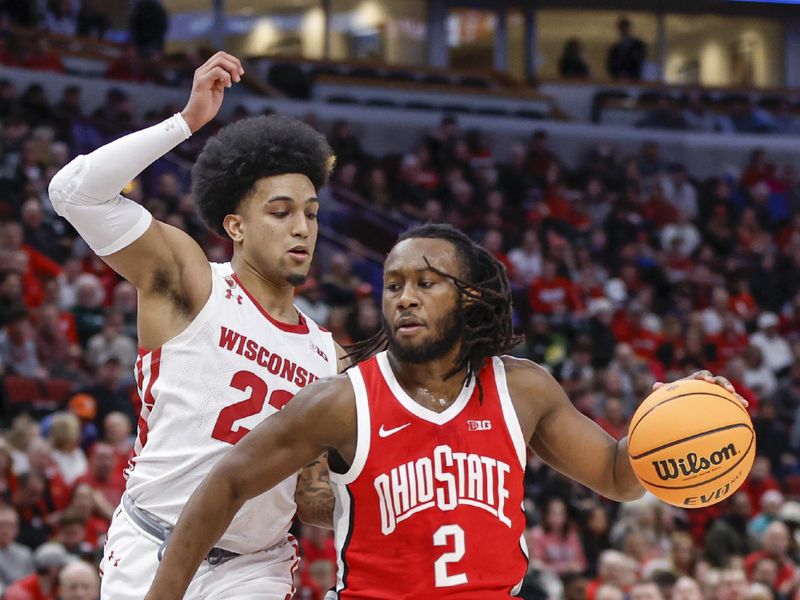 Mar 8, 2023; Chicago, IL, USA; Ohio State Buckeyes guard Bruce Thornton (2) drives to the basket against Wisconsin Badgers guard Chucky Hepburn (23) during the first half at United Center. Mandatory Credit: Kamil Krzaczynski-USA TODAY Sports