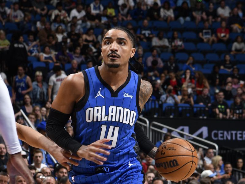 ORLANDO, FL - APRIL 1: Gary Harris #14 of the Orlando Magic handles the ball during the game against the Portland Trail Blazers on April 1, 2024 at Kia Center in Orlando, Florida. NOTE TO USER: User expressly acknowledges and agrees that, by downloading and or using this photograph, User is consenting to the terms and conditions of the Getty Images License Agreement. Mandatory Copyright Notice: Copyright 2024 NBAE (Photo by Fernando Medina/NBAE via Getty Images)