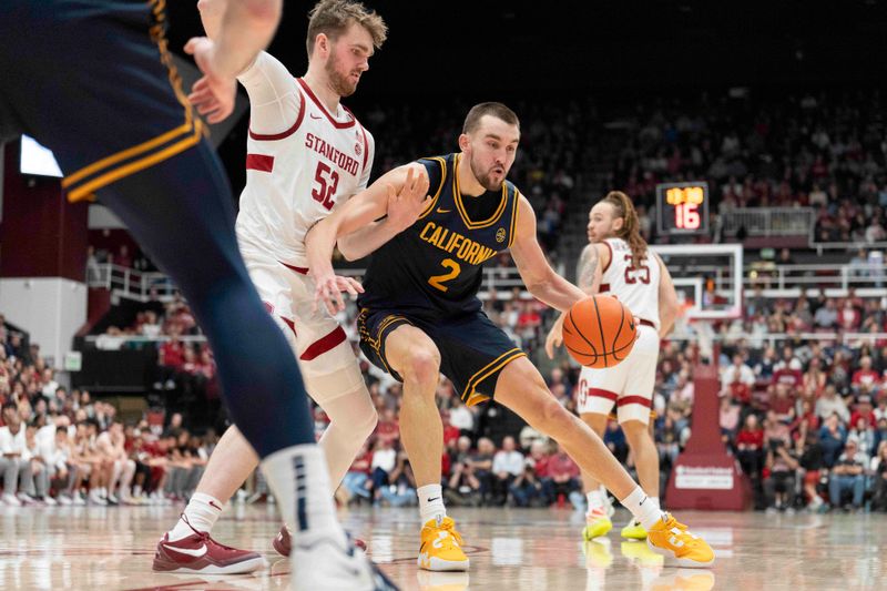 Jan 24, 2026; Stanford, California, USA;  California Golden Bears forward John Camden (2) drives the ball during the second half against Stanford Cardinal forward Aidan Cammann (52) at Maples Pavilion. Mandatory Credit: Stan Szeto-Imagn Images
