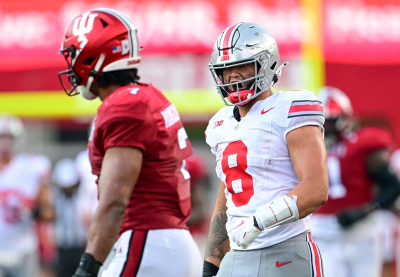 Sep 2, 2023; Bloomington, Indiana, USA; Ohio State Buckeyes tight end Cade Stover (8) reacts to a long run during the second half against the Indiana Hoosiers at Memorial Stadium. Mandatory Credit: Marc Lebryk-USA TODAY Sports